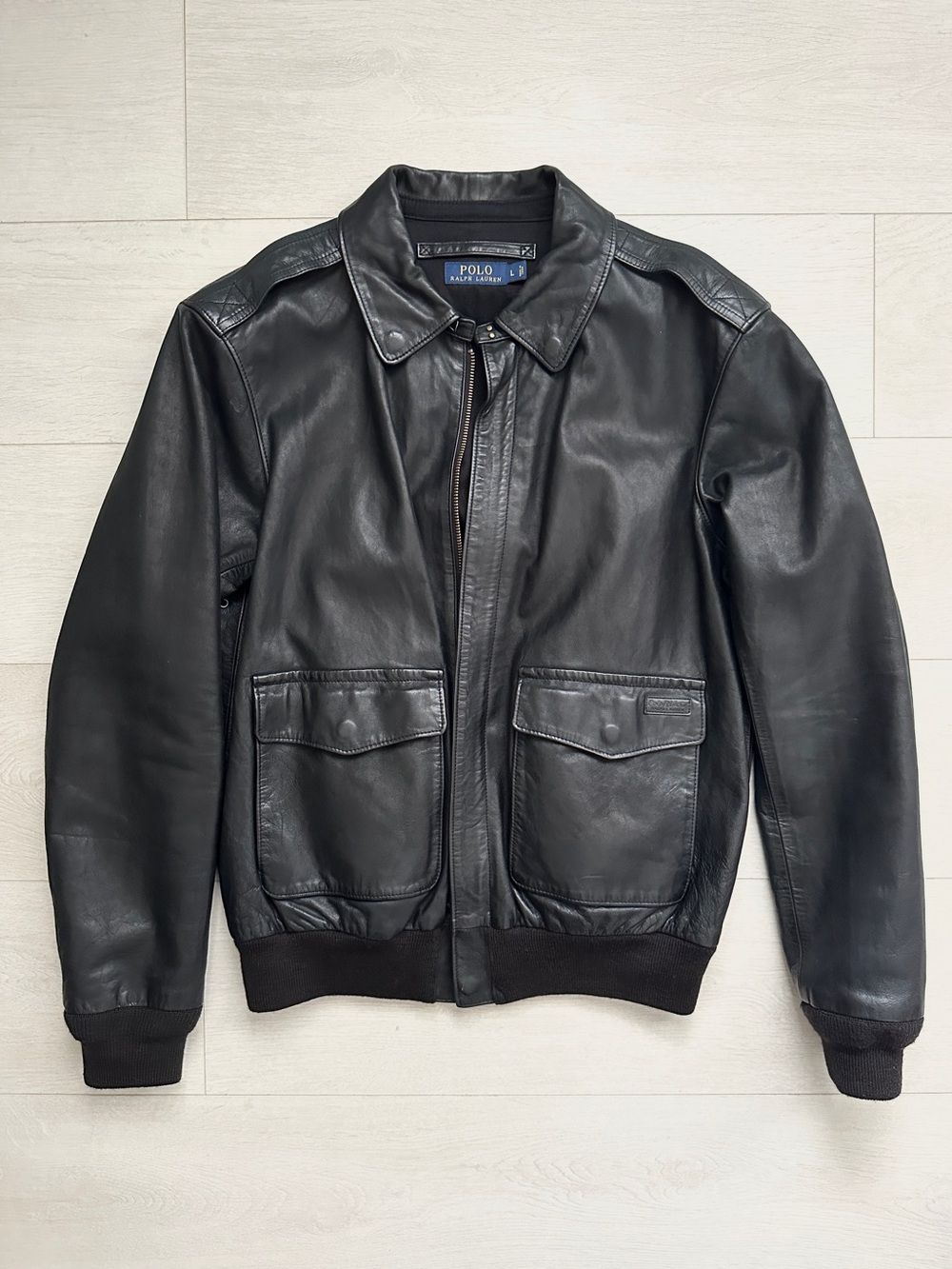 Polo Ralph Lauren Leather A-2 Flight / Bomber Jacket in Black Large VERY RARE